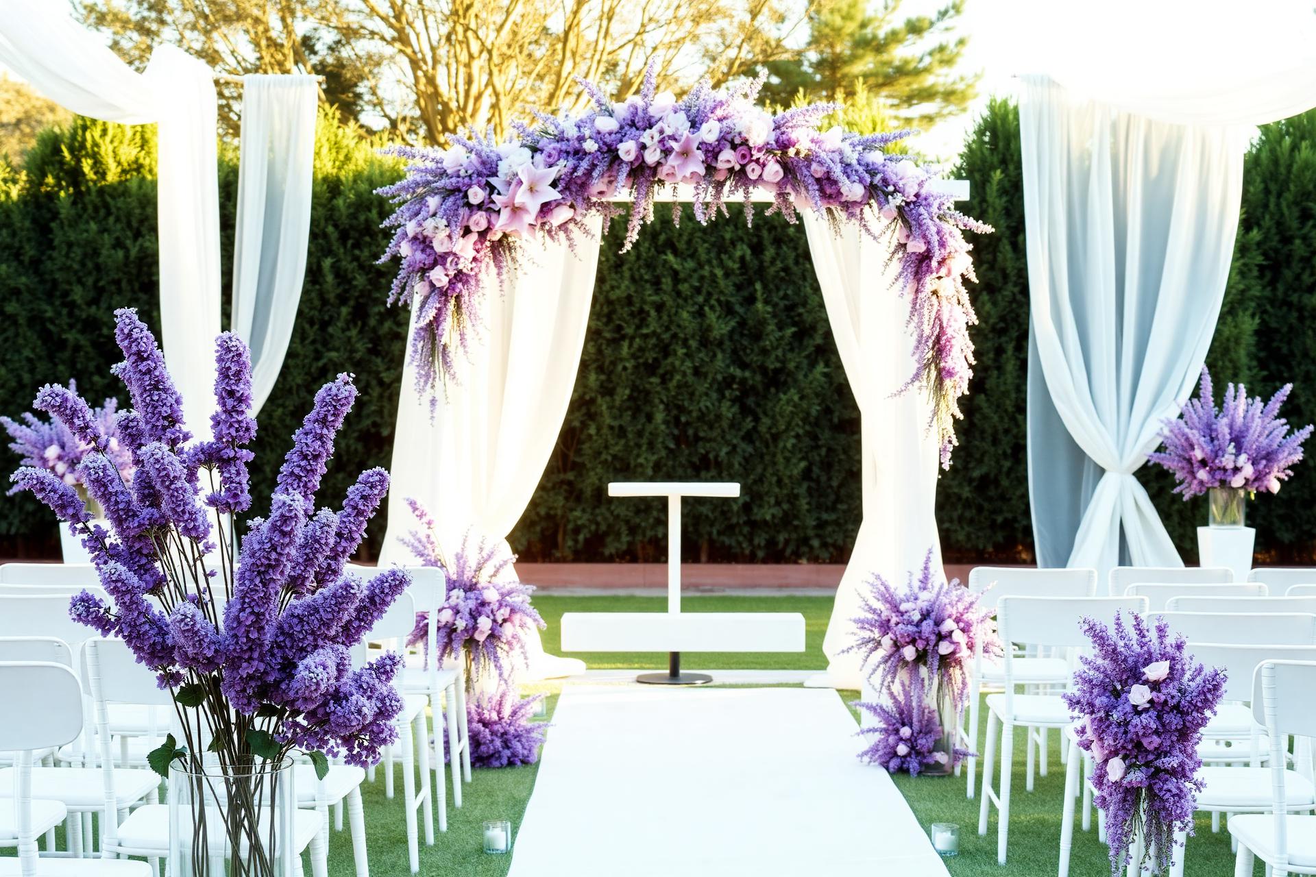 Cérémonie élégante avec arche florale en lavande et lilas